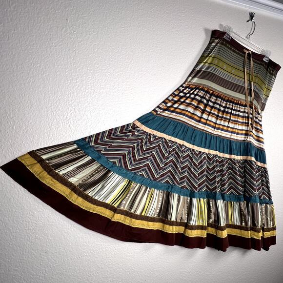 Anthropologie A Common Thread Sz S Patchwork Silk Maxi Skirt Boho Drawstring - Picture 5 of 11